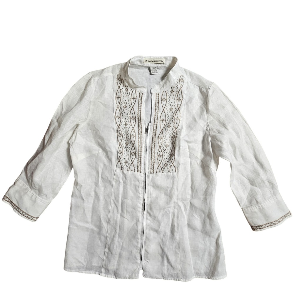 David Brooks Linen Embroidered Zip Front Blouse Top M Elevated Basic Boho Chic